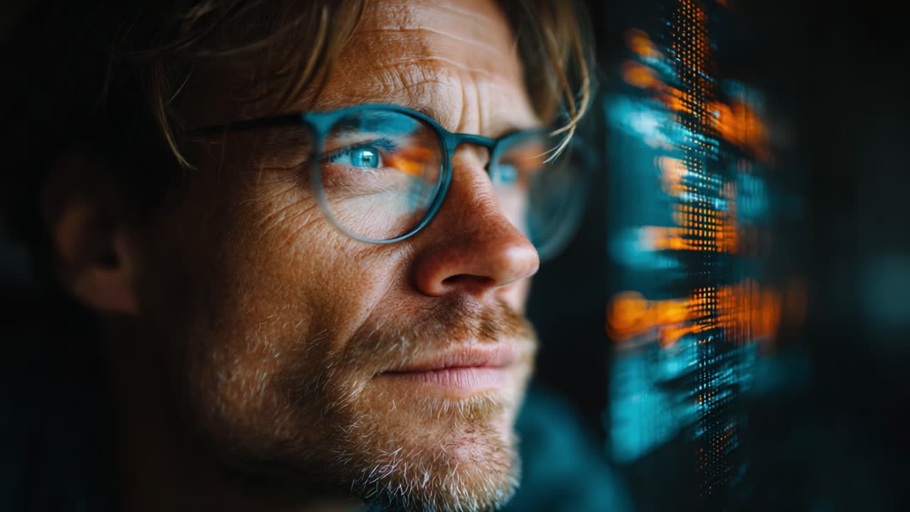 Uomo assorto nell'analisi dei dati su uno schermo, immerso nei suoi pensieri con informazioni digitali illuminate che si riflettono negli occhiali, immortalato in due momenti incorniciati
