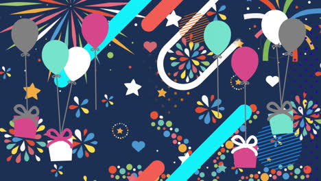 animation of red and blue shapes over balloons with presents, stars and colourful fireworks on black