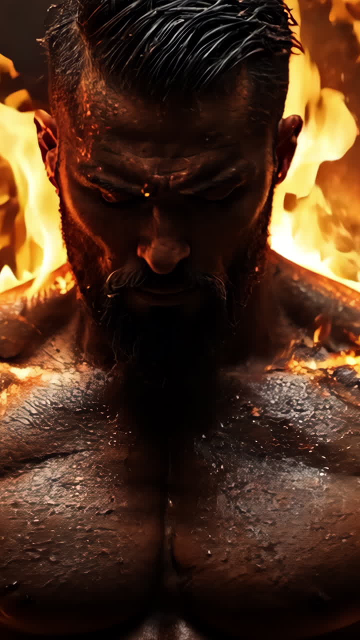 A man with a muscular body is standing in front of a fire. The fire is orange and yellow, and it is surrounded by smoke. The man's muscles are visible, and he looks strong and confident