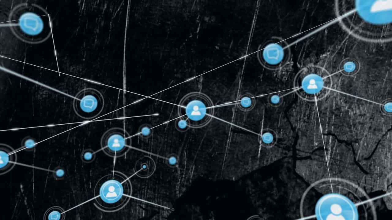 Network of connections and data processing animation over dark textured background