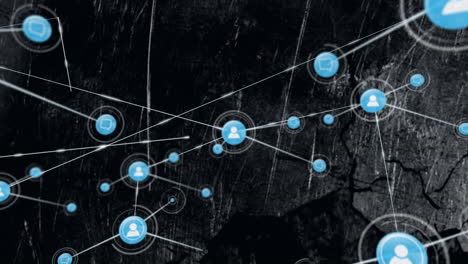 network of connections and data processing animation over dark textured background