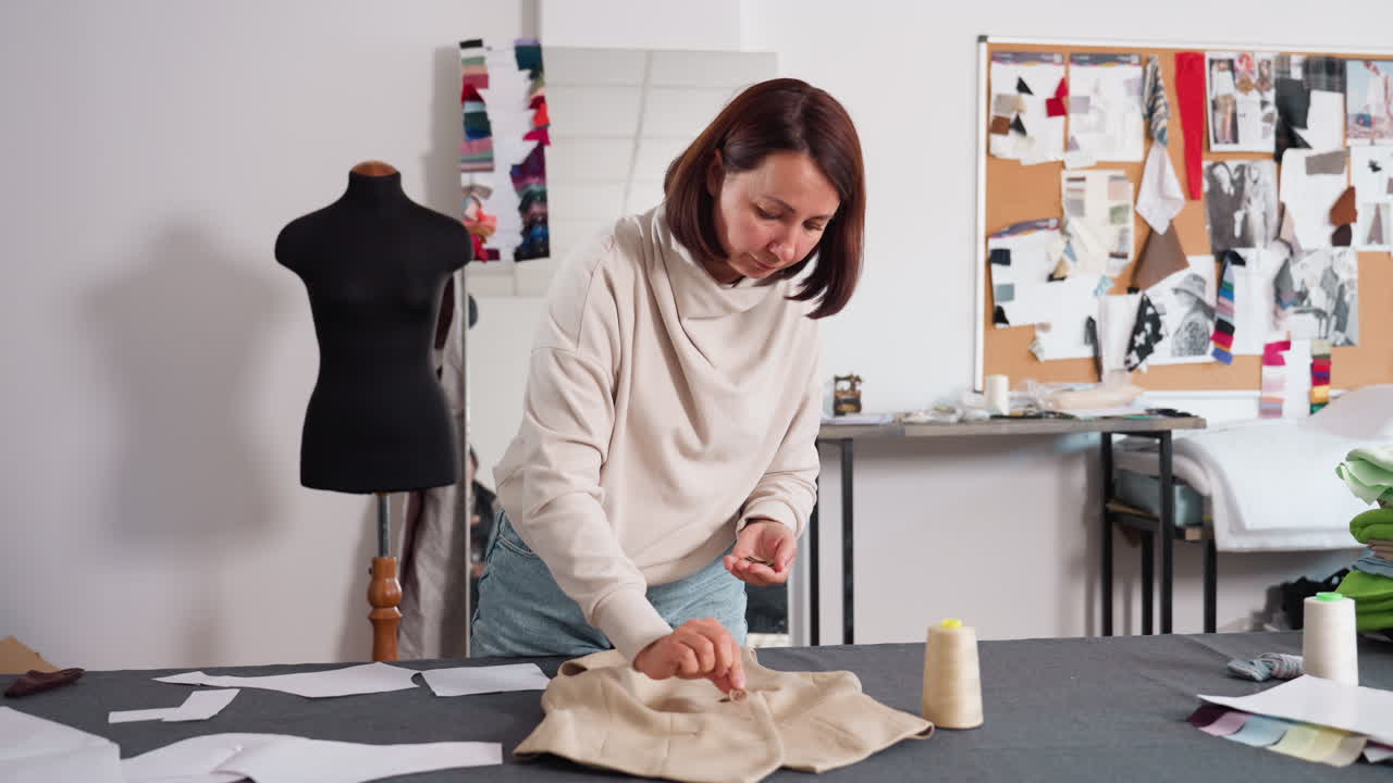 Seamstress placing button on jacket, meticulously aligning closure, focusing on finishing details, ensuring cohesive design, highlighting craft in bright environment, reflecting skillful approach