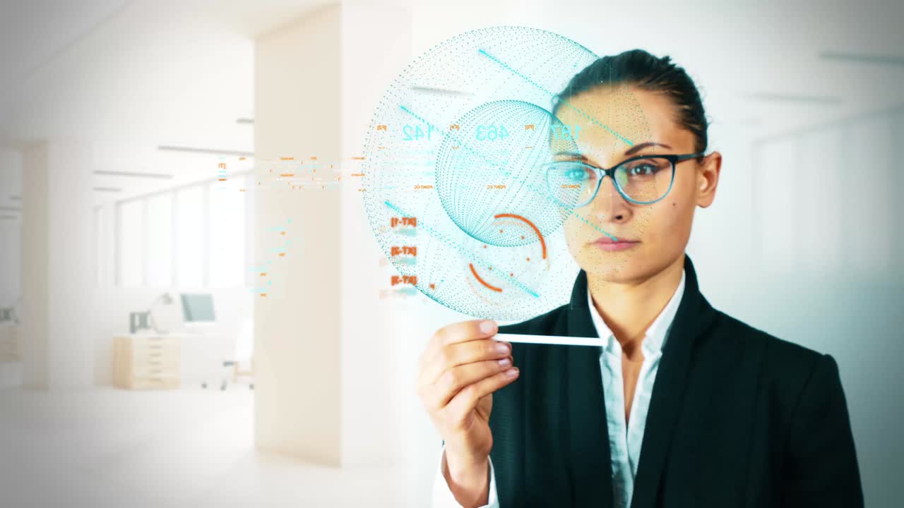 mujer de negocios señalando con el dedo el hud y la barra gráfica para el concepto cibernético futurista elemento tecnológico