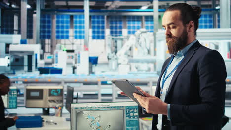 portrait of engineer in photovoltaics factory using tablet to diagnose systems