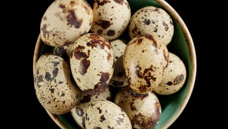 huevos de codorniz aislados en fondo negro vista superior. alimentación saludable, dieta.
