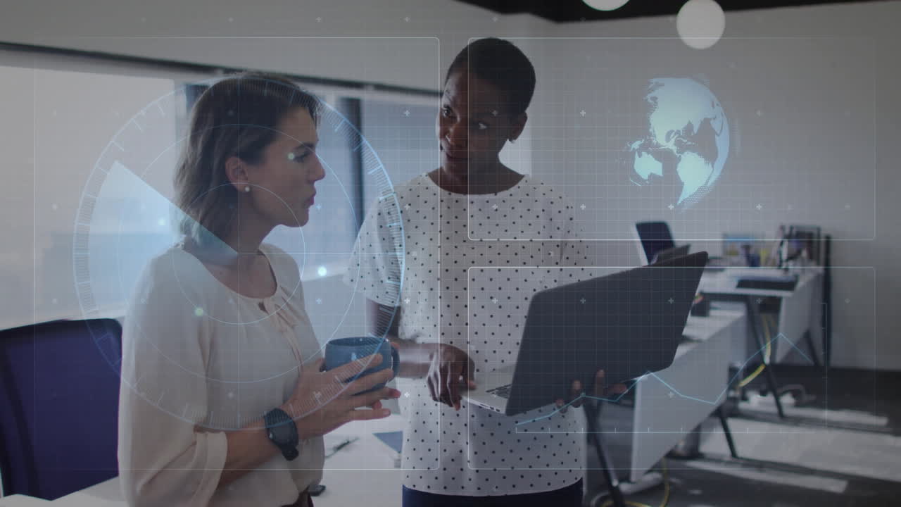 Discussing business strategy with digital globe, two women reviewing data animation