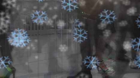 animation of financial data processing and statistics over people walking