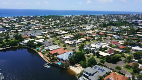 aerial view over coastal city district