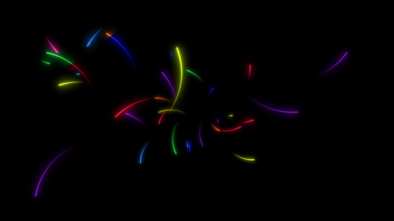 다채로운 무지개, 백 개의 네온 화살표, 무작위적으로 움직이고 검은 화면에 일곱 번 충돌합니다.