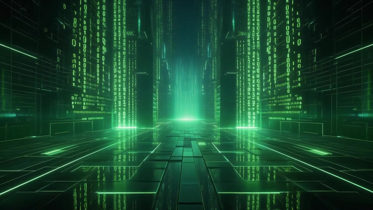 Futuristic Digital Corridor with Streaming Binary Code Data