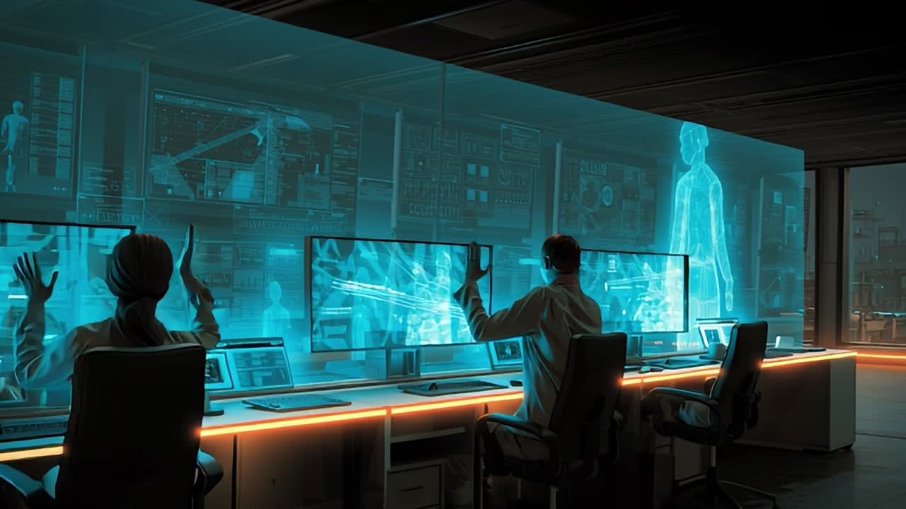 Højteknologisk kontrolrum med hologrammer og skærme i aktion