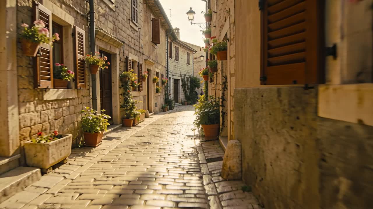 Telecamera in movimento che rivela un vicolo acciottolato in una città storica, mostrando persiane e una cassetta della posta per evidenziare i dettagli.
