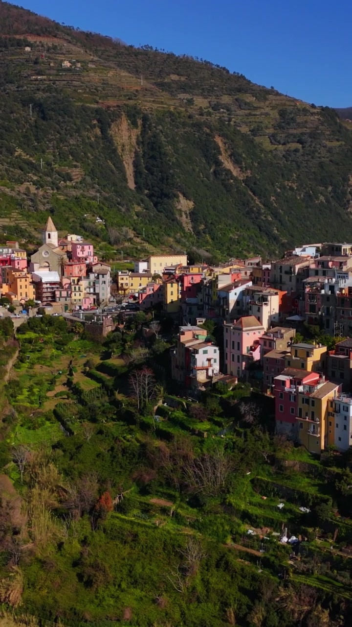 Vista vertical del pueblo de Manarola con casas coloridas en la ladera en Cinque Terre, Italia, estilo de vida europeo y pintorescas ciudades costeras