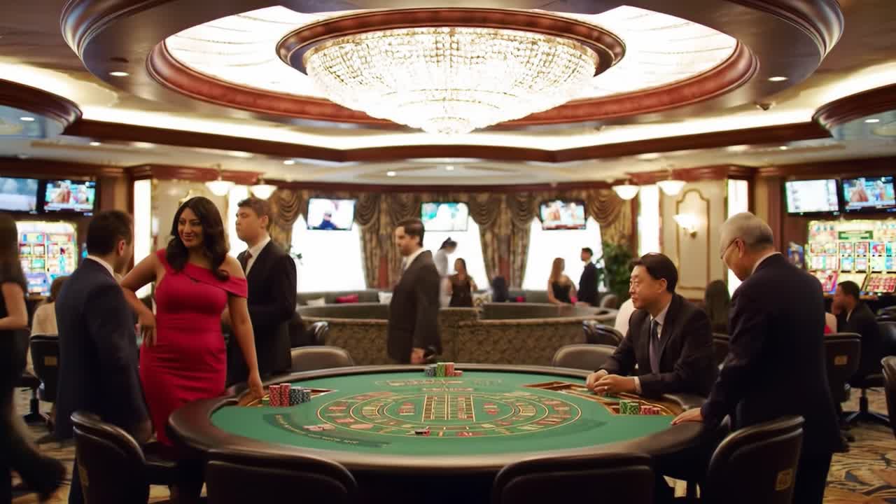 Lively Casino Scene with People Playing Roulette and Slot Machines