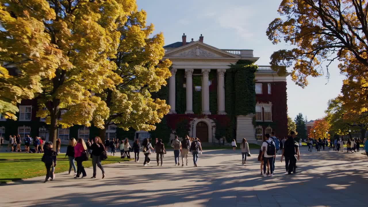 A dynamic video captures students walking on a college campus
