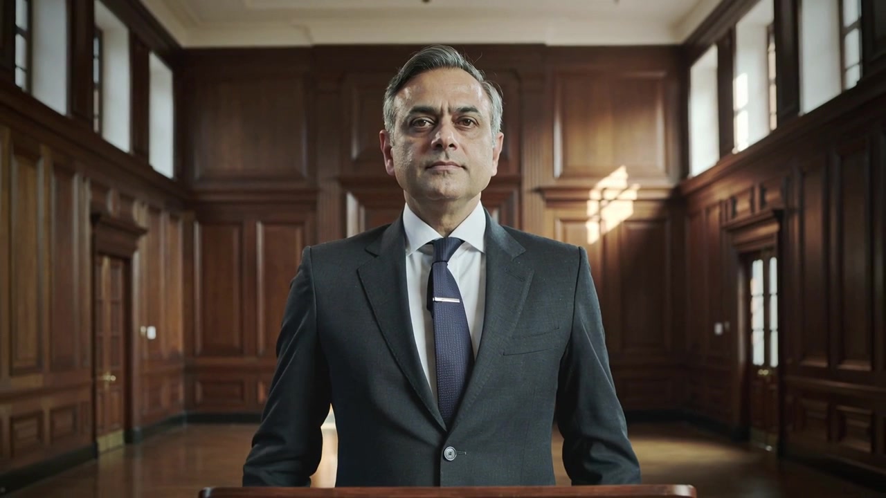 Câmera recuando, homem de terno subindo ao púlpito preparando discurso em salão com painéis de madeira.