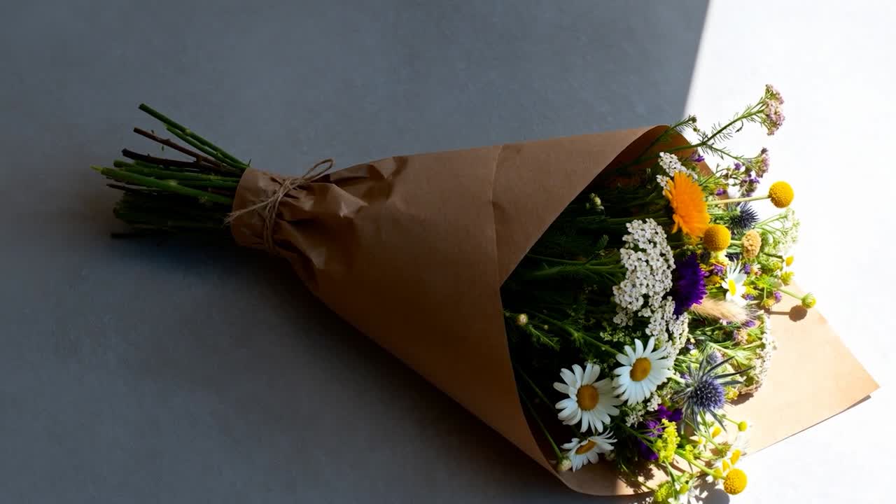 Luce che si muove dalla finestra, che attraversa un bouquet avvolto su un foglio grigio, rivelando lo spago di carta kraft e i colori