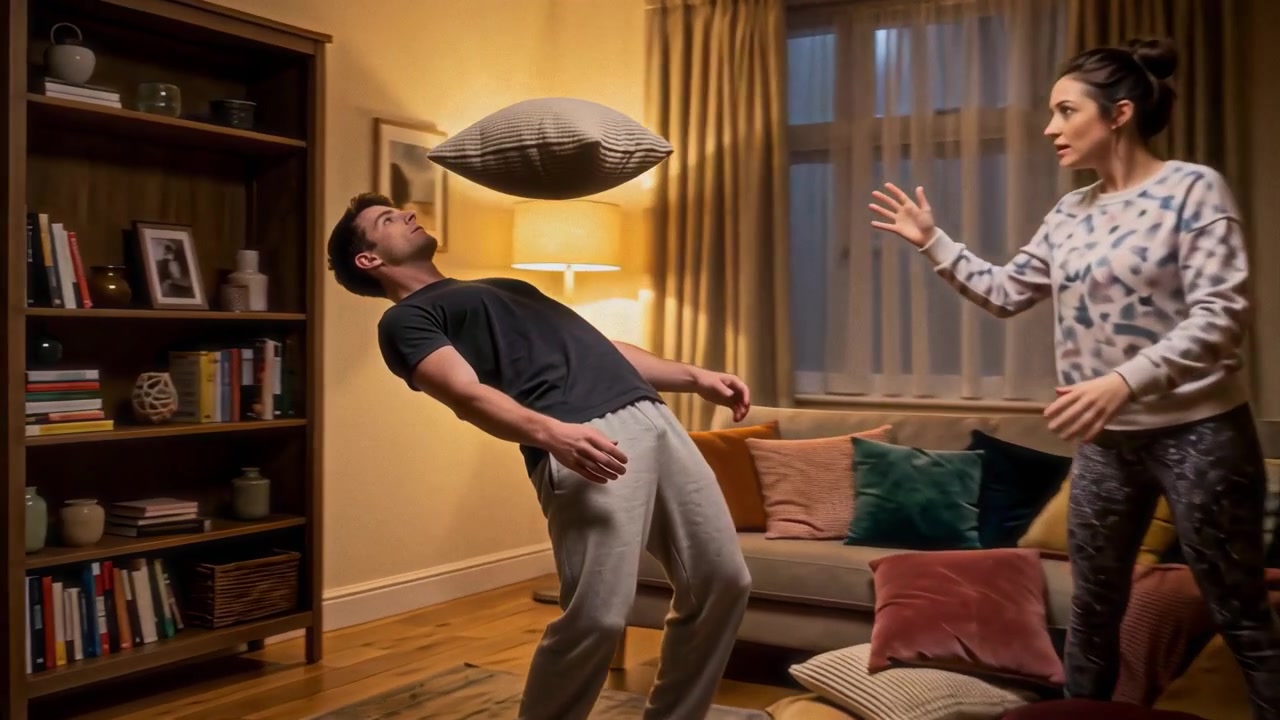 Young Couple Having Fun with Pillow Fight in Living Room