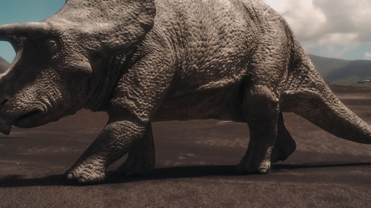 triceratops migran a través de llanuras volcánicas