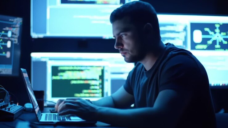 Seorang Programmer yang Fokus Menganalisis Kode dalam Lingkungan yang Remang-remang Dikelilingi oleh Beberapa Layar Komputer yang Menampilkan Data dan Grafik yang Kompleks