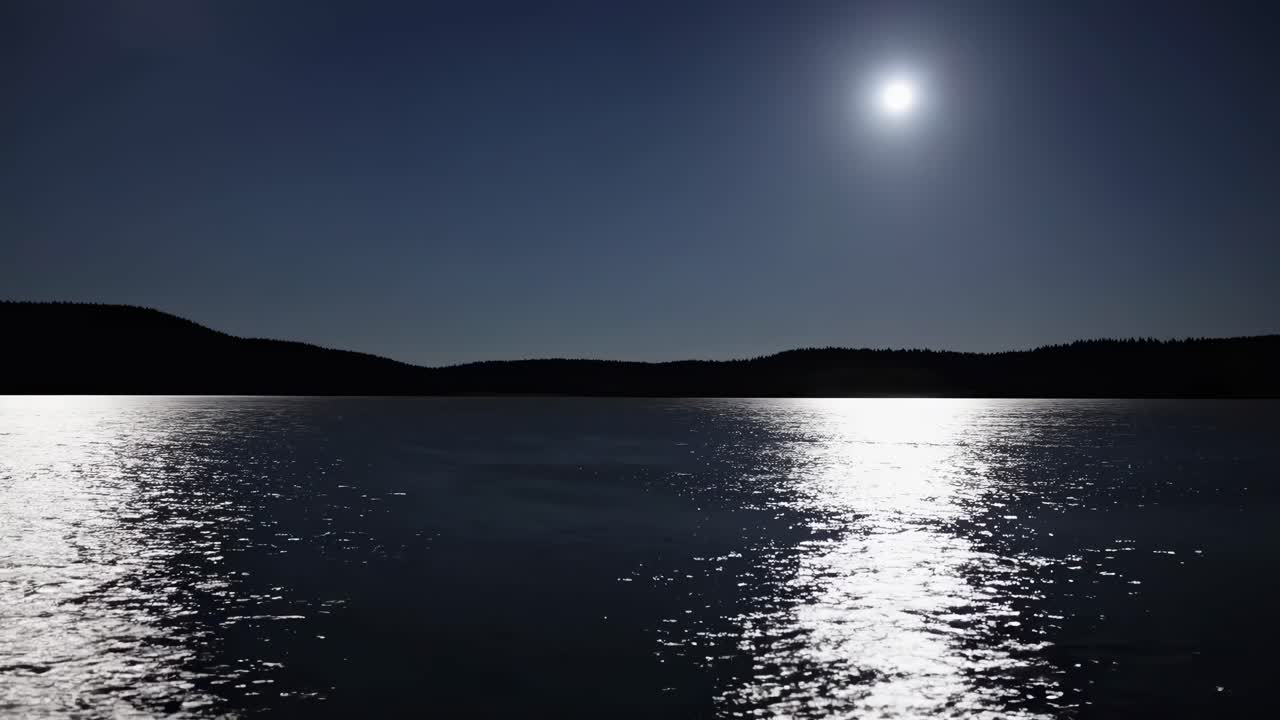 Una serena scena video notturna di un lago al chiaro di luna. Catturata da un angolo basso, l'acqua riflette