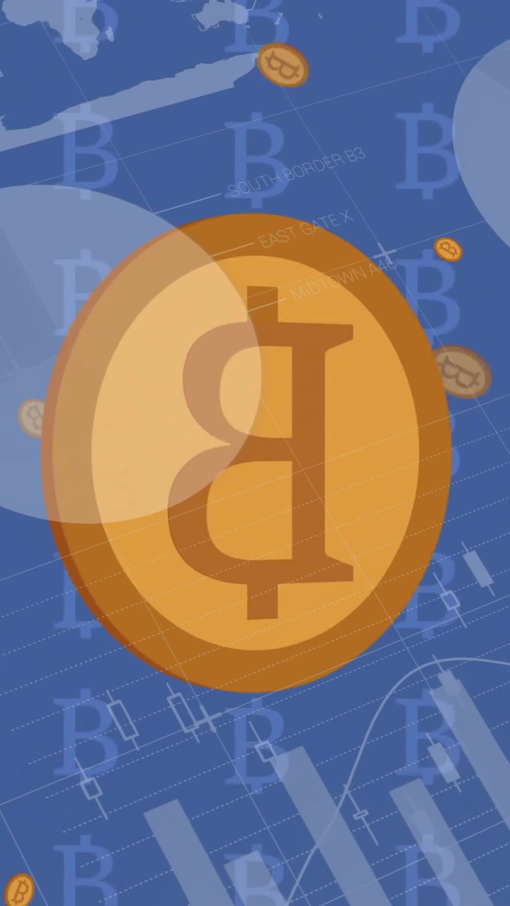 Animazione di elaborazione di dati finanziari su simboli Bitcoin su sfondo blu