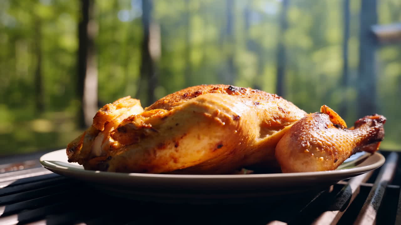 Pollo arrosto dorato sulla griglia, un cuoco casalingo solleva il pollo intero croccante con le pinze su un piatto in una foresta illuminata dal sole.