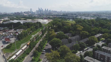 philadelphia skyline shot from south western philadelphia by drone