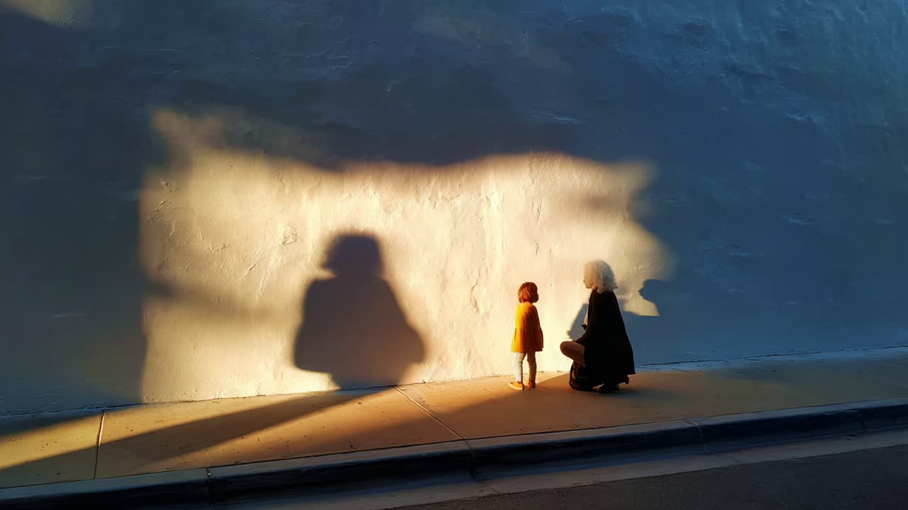 A Captivating Moment of Connection: A Child and Adult Silhouetted Against a Shadowy Wall in Golden Sunset Light