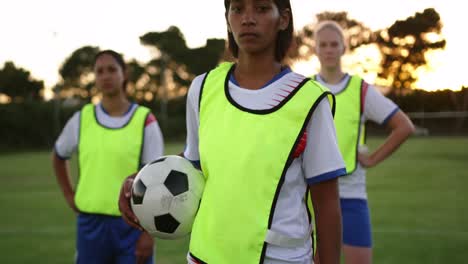 female soccer team standing on soccer field. 4k