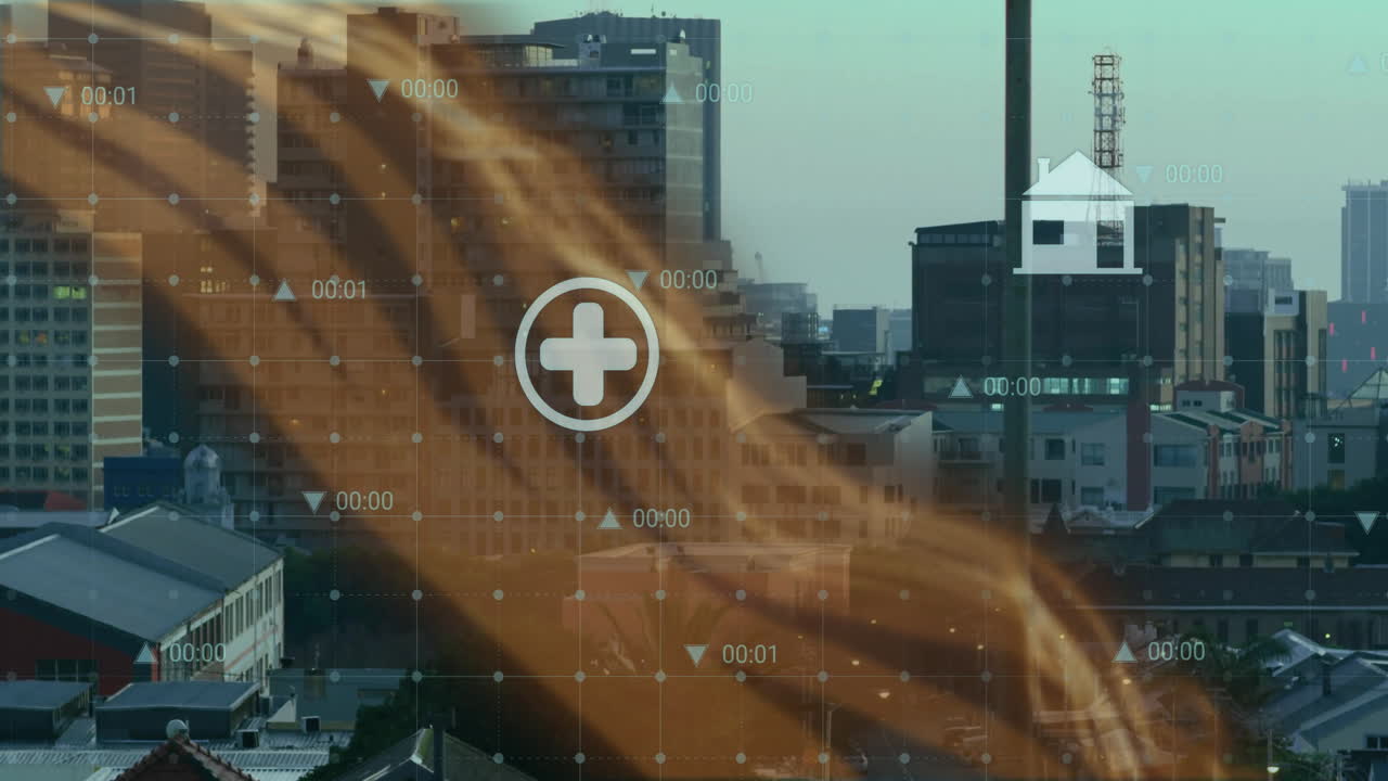 Medical data processing animation over urban cityscape with buildings and factories
