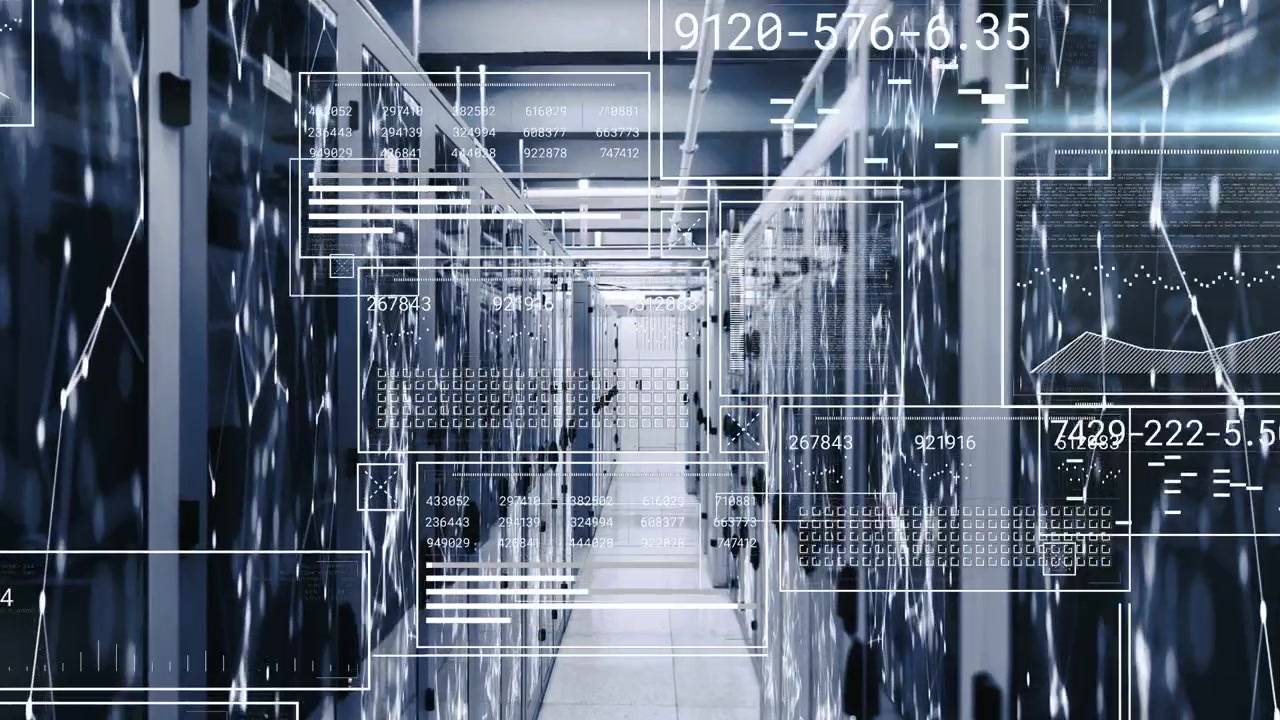 Data center aisle showing HUD overlays on racks during system scan starting, mapping metrics