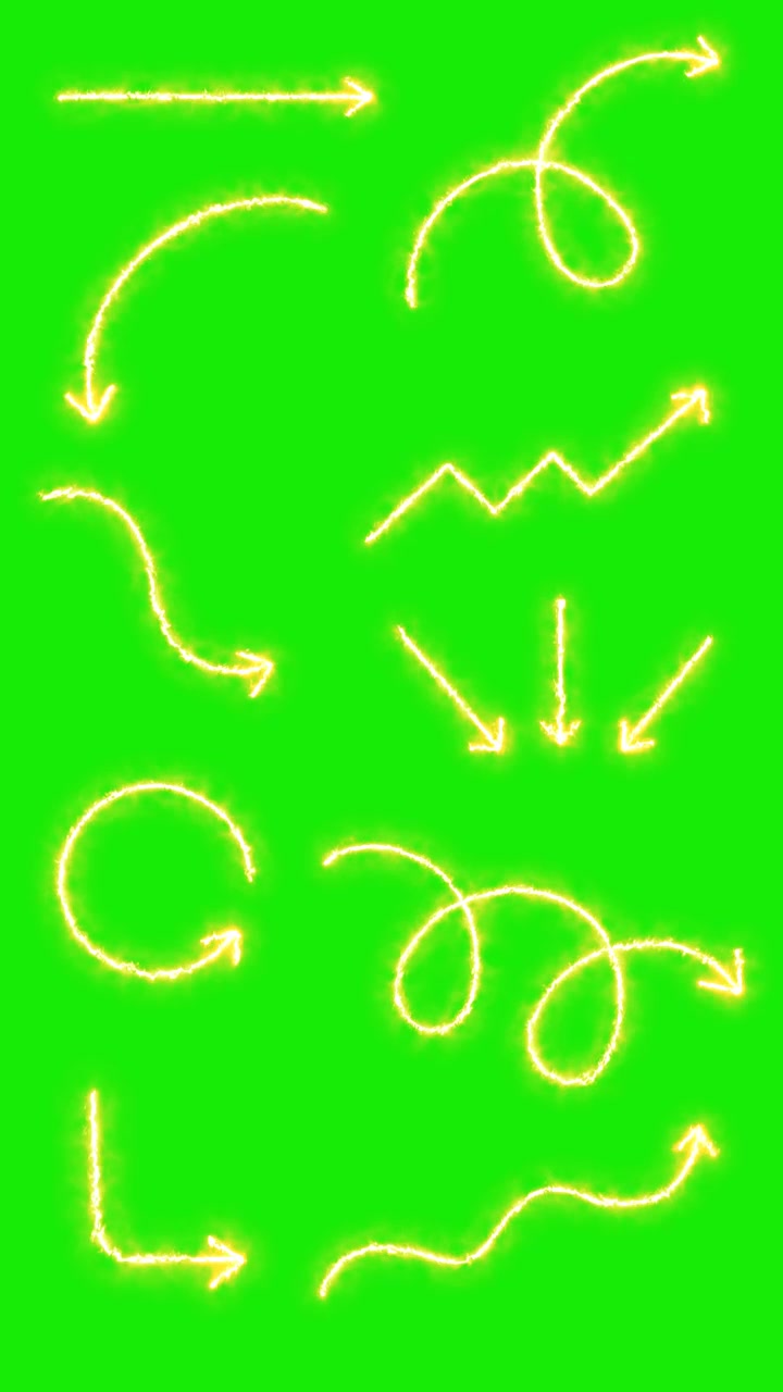 Multiple glowing fire arrow animations form dynamic symbols over a bright green chroma key backdrop