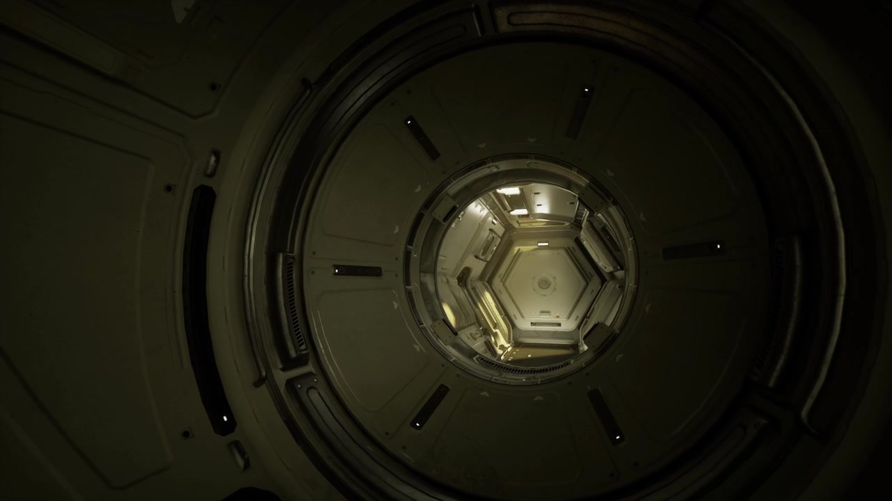 Apertura esagonale radiosa proietta luce calda attraverso l'interno di un corridoio metallico