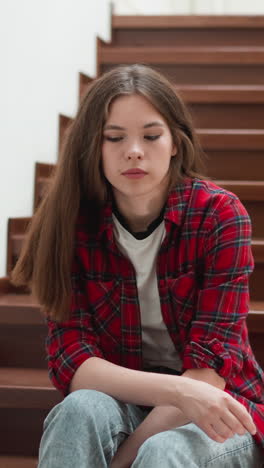 una mujer tímida se sienta en la escalera del edificio. un estudiante con pensamientos obsesivos sobre futuras pruebas se asienta en los escalones. una mujer con ropa casual con expresión nerviosa