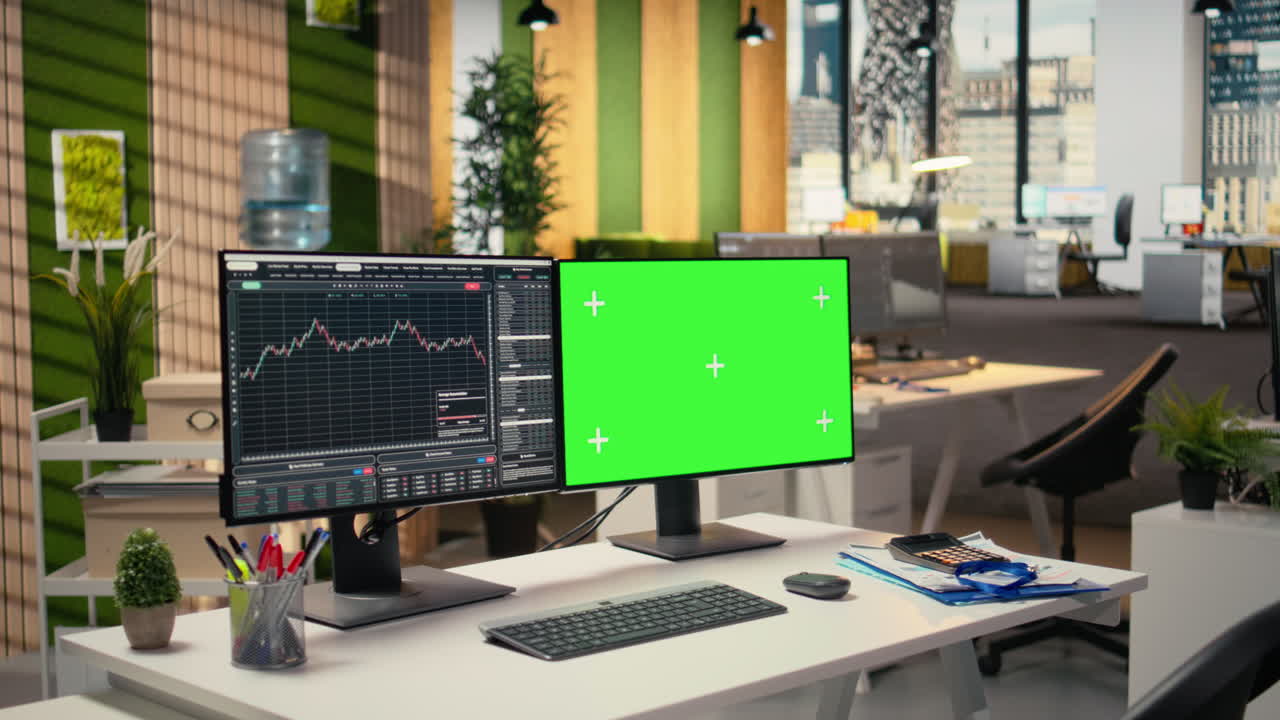 Stock market metrics visualization displayed on green screen PC