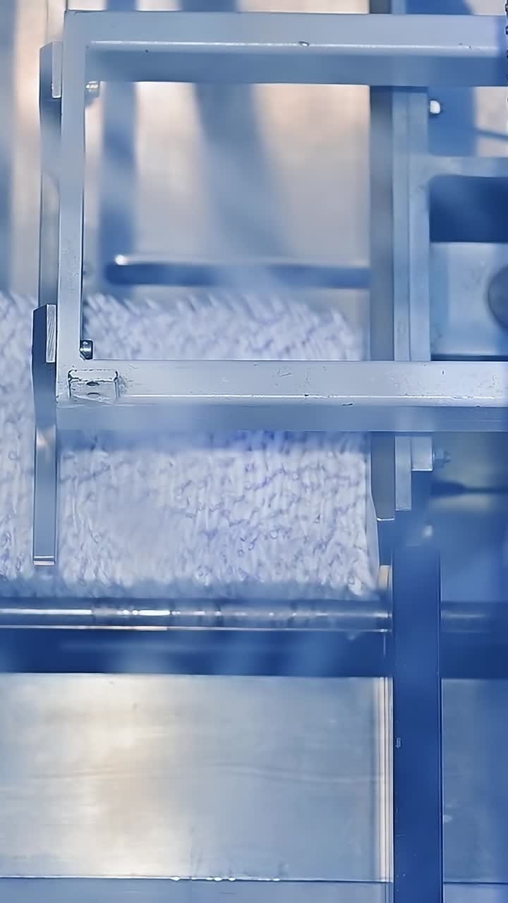 Industriell fabrikk som lager bleier. En stor rull med cellulose produserer bleier