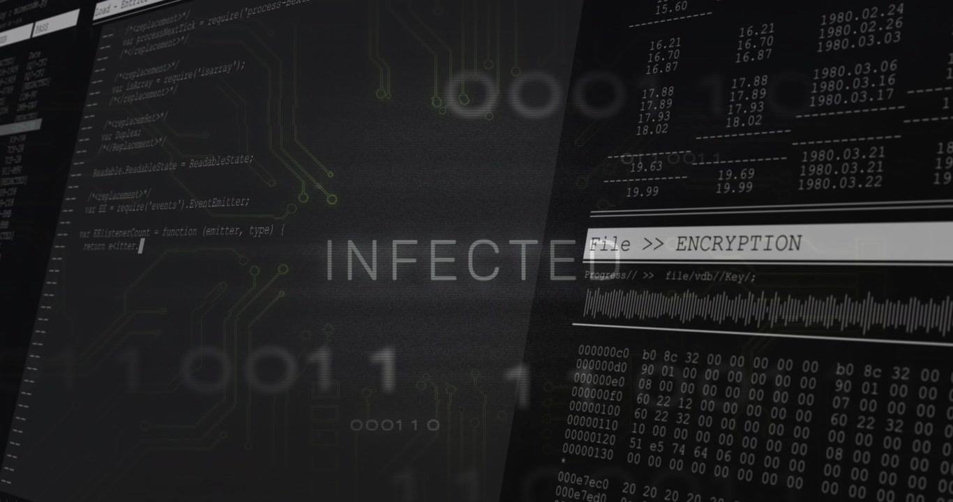 Faint word brightening, revealing INFECTED, split UI showing File ENCRYPTION, causing encryption