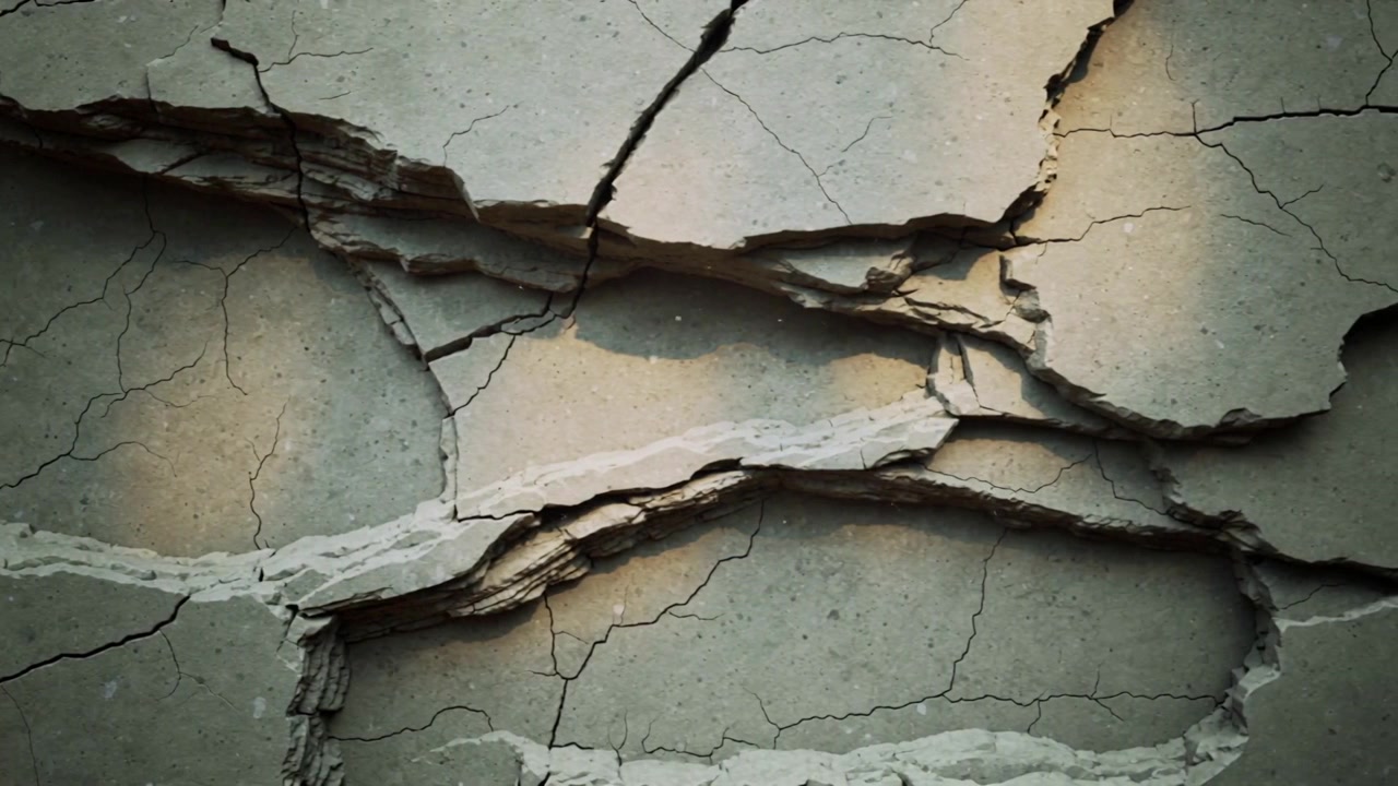 Shifting cracked surface in macro studio under low light and camera pan, revealing layered fissures