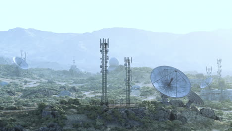 a collection of satellite dishes and radio antennas on a desolate mountaintop