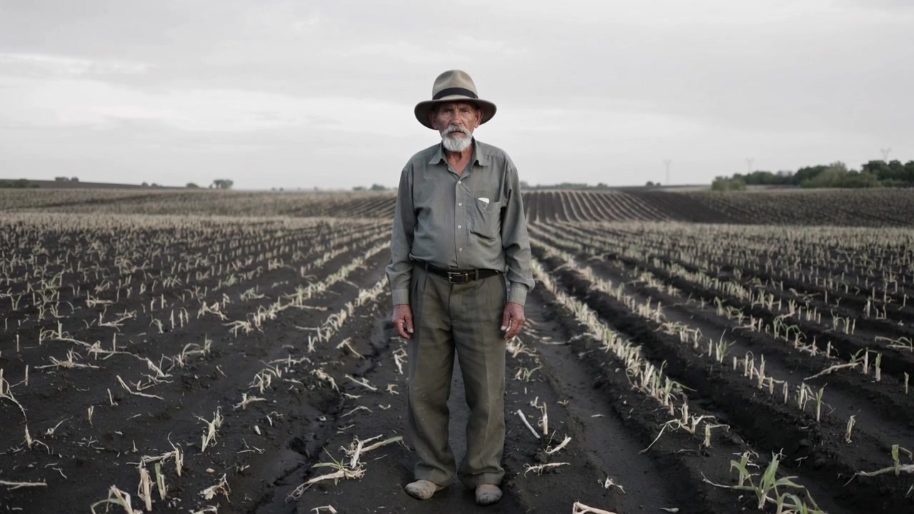 Un anziano contadino in piedi in un campo arato, che mostra un cappello a tesa larga, una penna, una camicia, una cintura e i solchi.