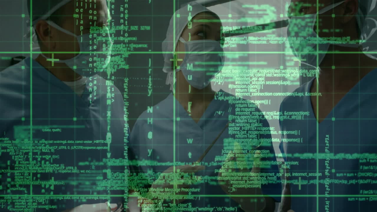 Surgeons handling scalpels in operating room, with green code overlay projecting data grids