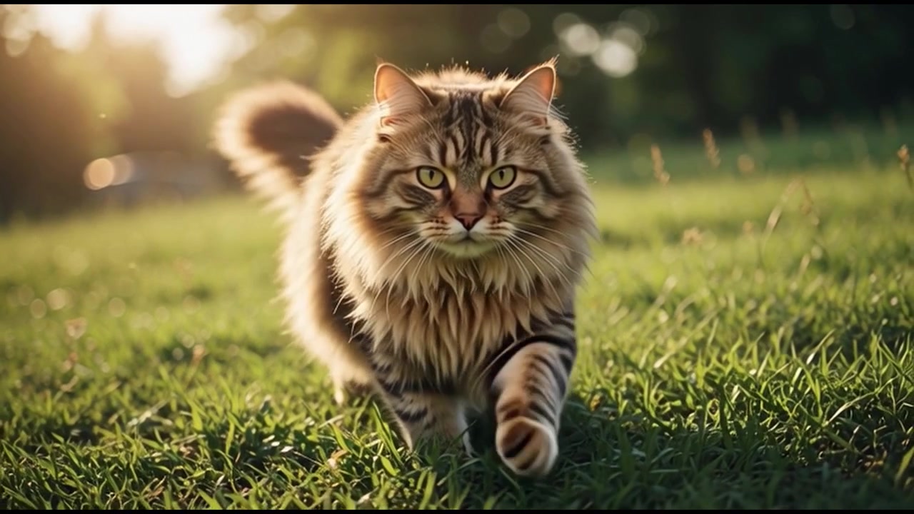 Gatto soriano soffice che cammina nell'erba verde al tramonto