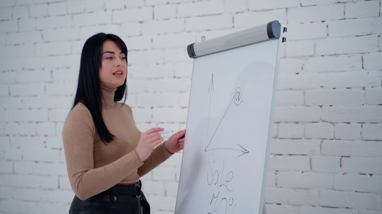 Businesswoman working with board. Young beautiful businesswoman with marker writing on whiteboard
