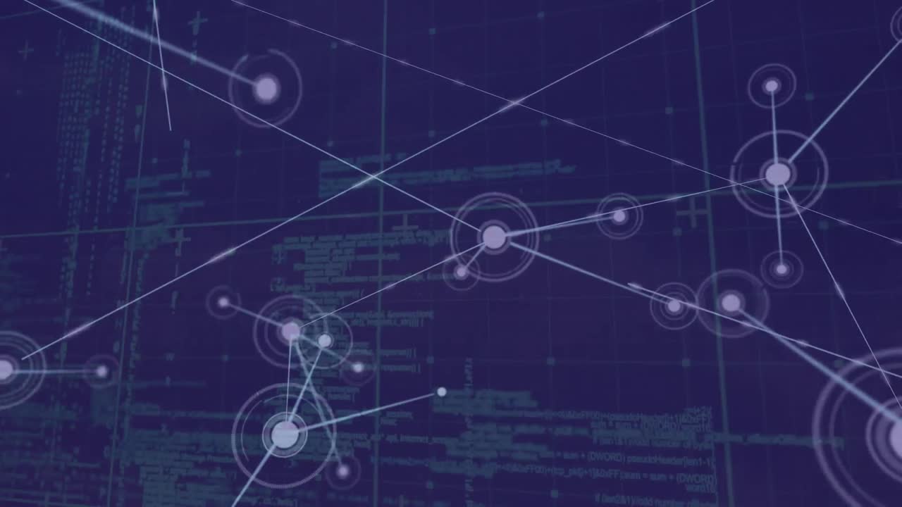Animation of network of connections and data processing over black background