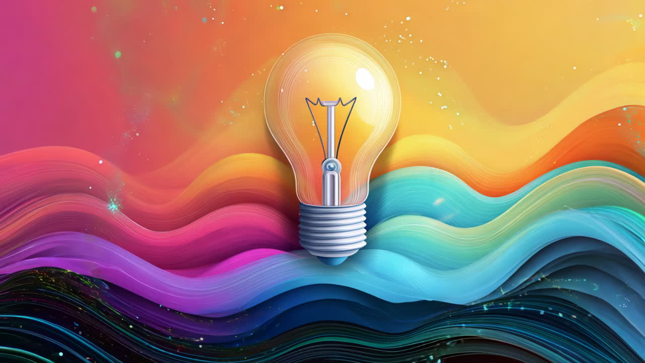 A colorful light bulb is floating on top of a wave of colors. Concept of creativity and inspiration, as the light bulb represents an idea or a spark of innovation