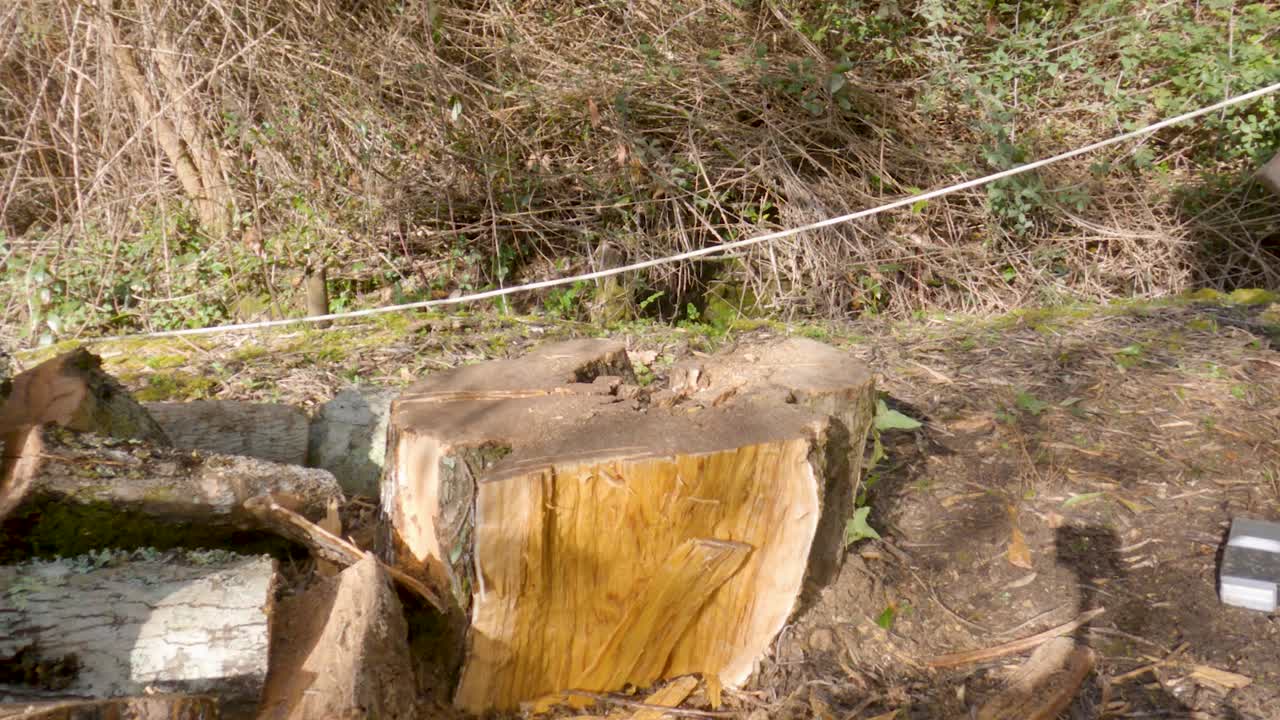 Svingende en gul økse for at hugge brænde på en træstub, manuel kløvning af træstammer, udendørs træværktøjsarbejde, Korfu, Grækenland