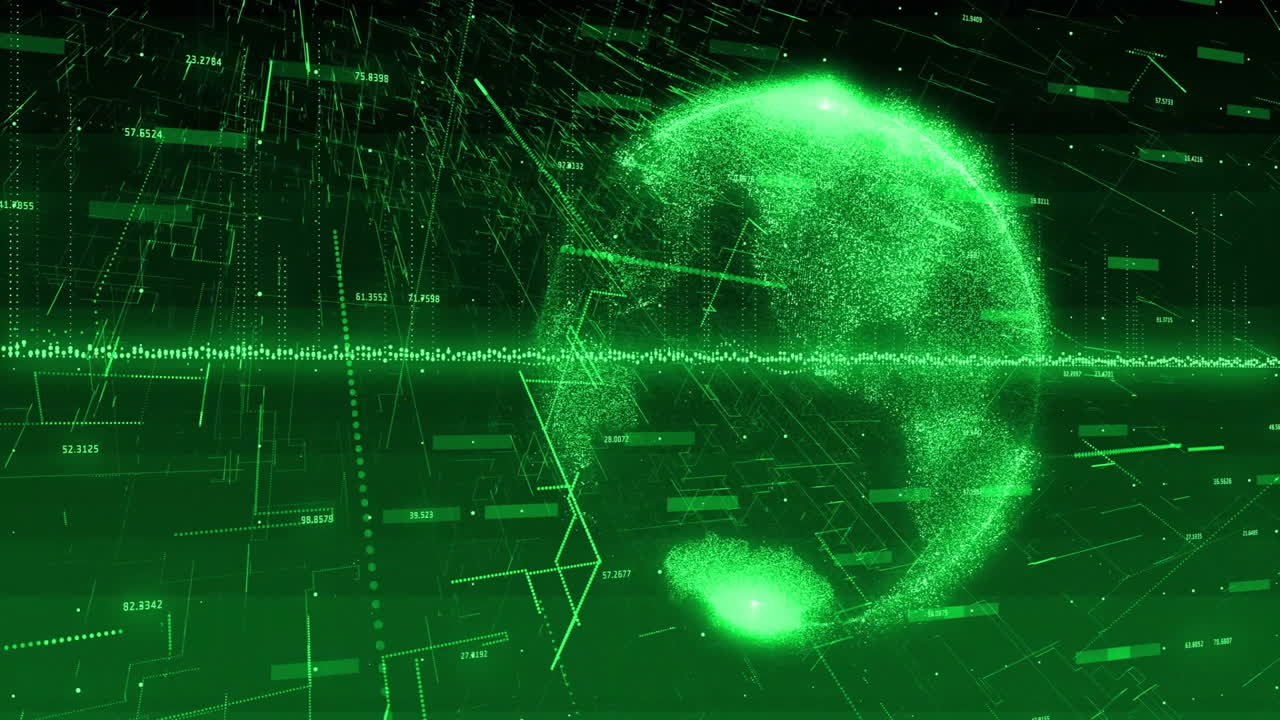 Digital globe and data visualization animation over green technological background