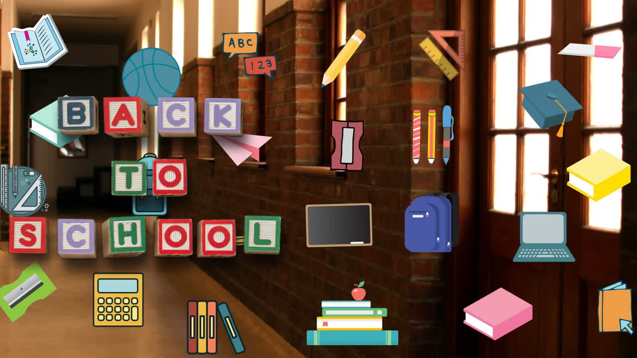 Animation of back to school text over school items icons and empty hall