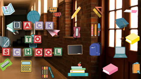 animation of back to school text over school items icons and empty hall